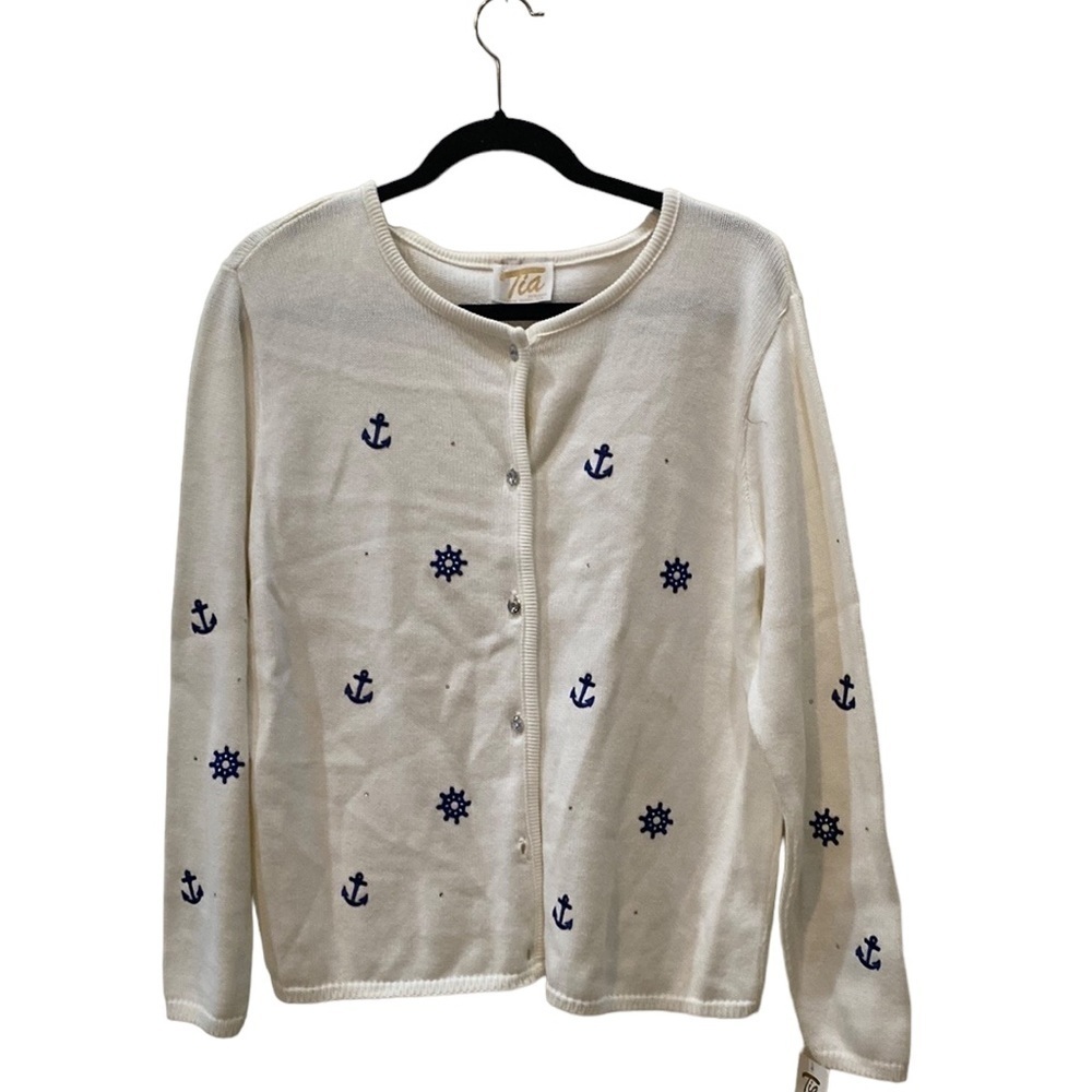 TIA DESIGNS women's embroidery sweater Size M, Button-Up, Navy design, Cotton